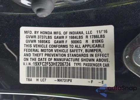 2017 Honda Civic Lx from USA, damaged, VIN 19XFC2F53HE206724